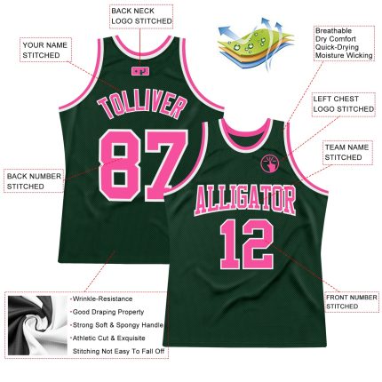 Custom Name & Number Authentic Throwback Basketball Jersey - Personalized Hunter Green & Pink-White Team Jersey Personalized