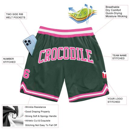 Custom Basketball Shorts with Team Name and Number, Authentic Throwback Design in Hunter Green with Pink-White accents Personalized
