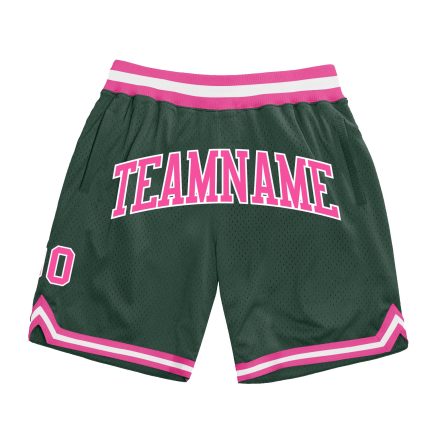 Custom Basketball Shorts with Team Name and Number, Authentic Throwback Design in Hunter Green with Pink-White accents Personalized