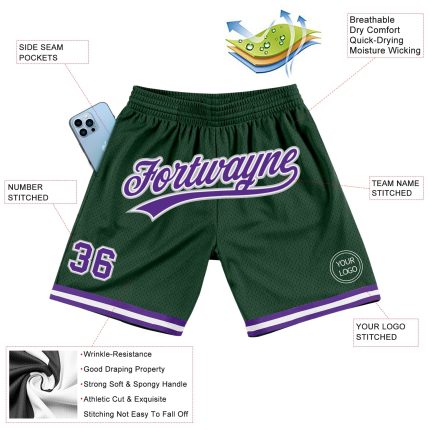 Personalized Hunter Green Purple Gray Basketball Shorts - Authentic Throwback Style Personalized Hunter Green Purple-Gray