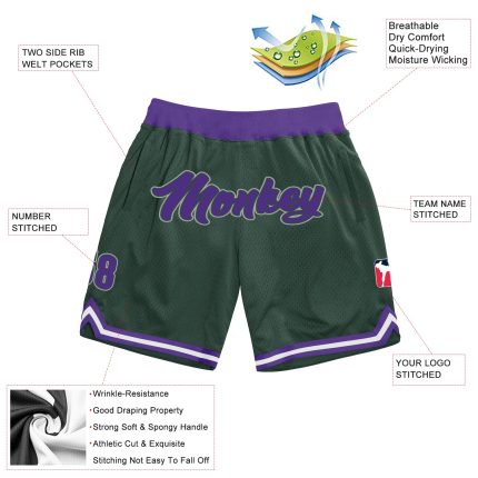 Custom Name Number Personalized Hunter Green Basketball Shorts Team Authentic Throwback in Purple Gray Personalized Hunter