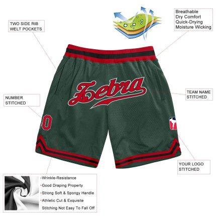 Custom Name and Number Authentic Basketball Shorts in Hunter Green Red-Black - Personalized Throwback Style Personalized