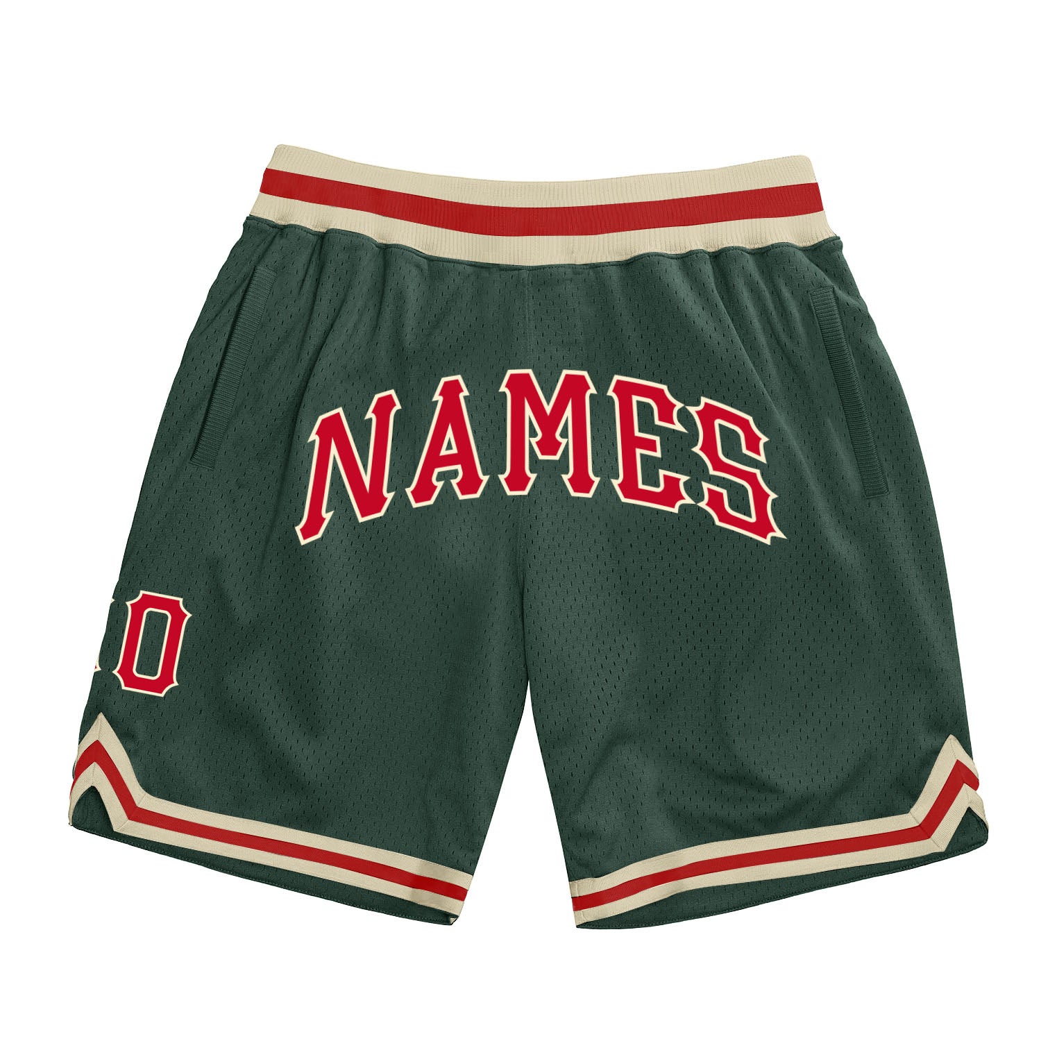 Custom Name Number Authentic Throwback Basketball Shorts Hunter Green Red Cream - Personalized Team Gear Personalized Hunter