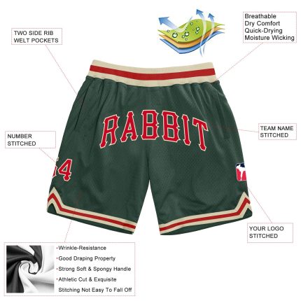 Custom Name Number Authentic Throwback Basketball Shorts Hunter Green Red Cream - Personalized Team Gear Personalized Hunter