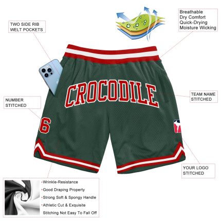 Custom Name and Number Basketball Shorts in Hunter Green Red-White - Authentic Throwback Style Personalized Hunter Green