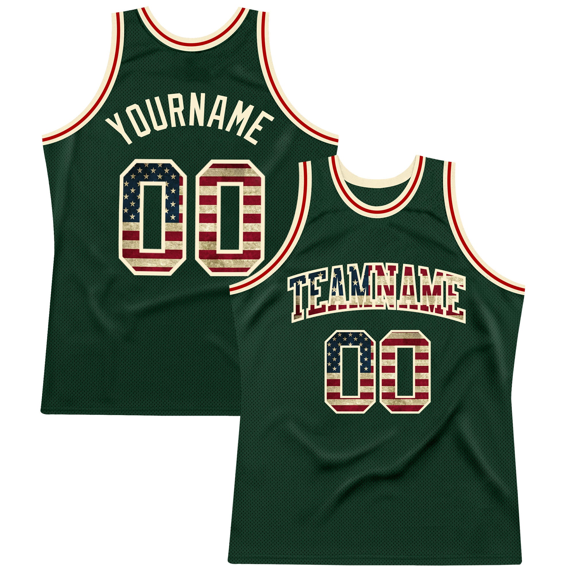 Custom Name and Number Authentic Throwback Basketball Jersey - Personalized Hunter Green Vintage USA Flag Cream Jersey Personalized