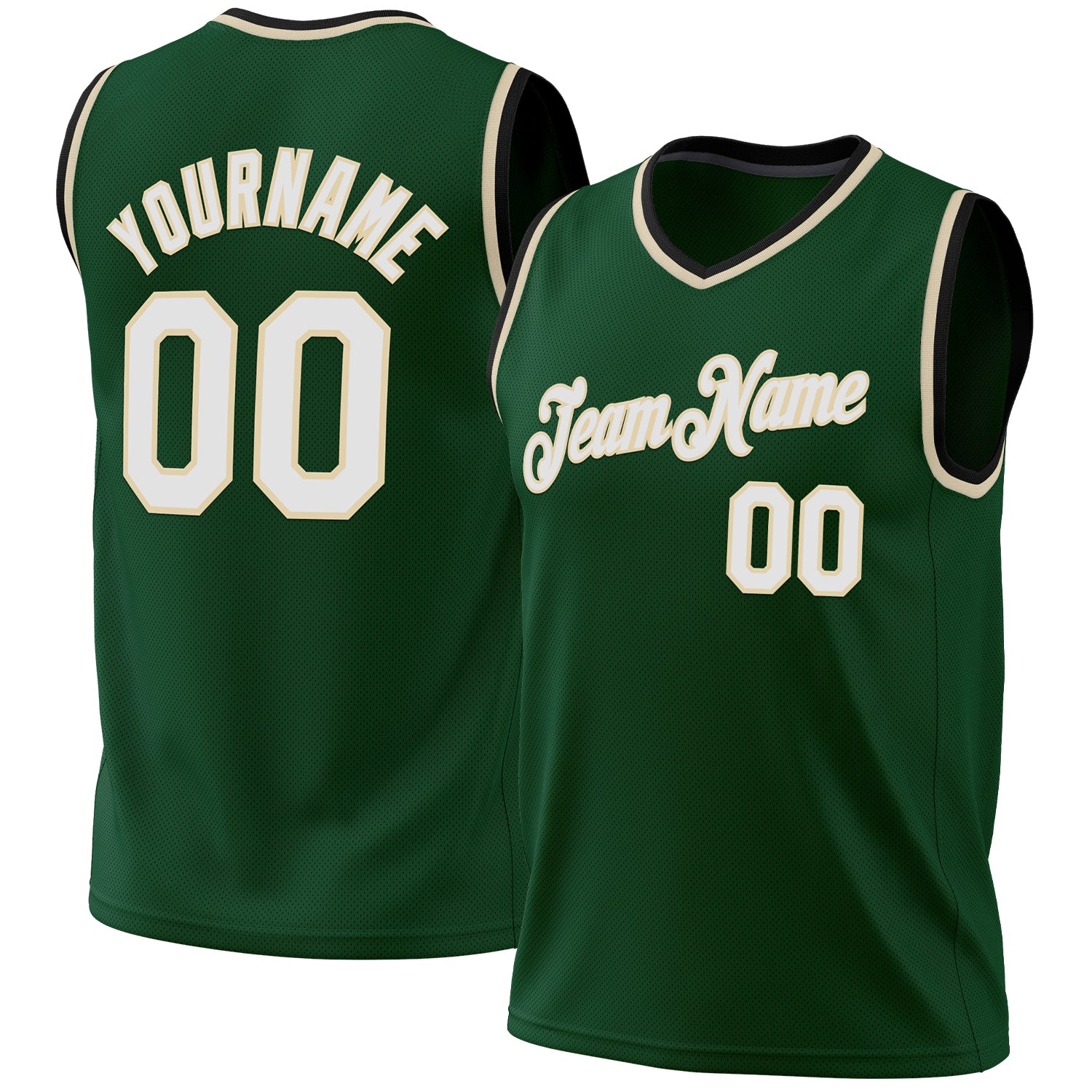 Personalized Authentic Basketball Jersey - Hunter Green White Cream-Black Throwback Design Personalized Hunter Green White