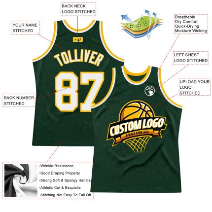 Personalized Authentic Basketball Jersey in Hunter Green White-Gold Throwback Style Personalized Hunter Green White-Gold