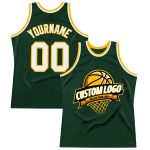 Personalized Authentic Basketball Jersey in Hunter Green White-Gold Throwback Style Personalized Hunter Green White-Gold