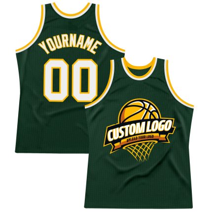 Personalized Authentic Basketball Jersey in Hunter Green White-Gold Throwback Style Personalized Hunter Green White-Gold