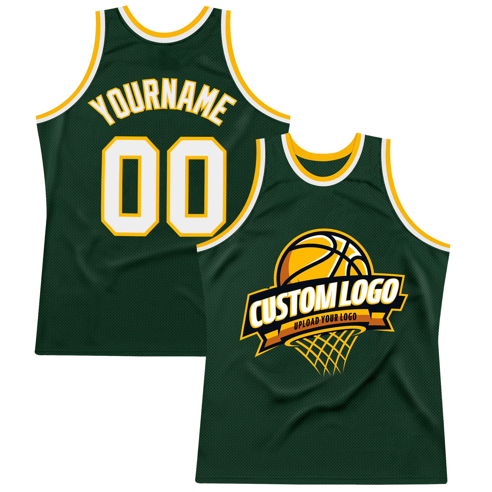 Personalized Authentic Basketball Jersey in Hunter Green White-Gold Throwback Style Personalized Hunter Green White-Gold