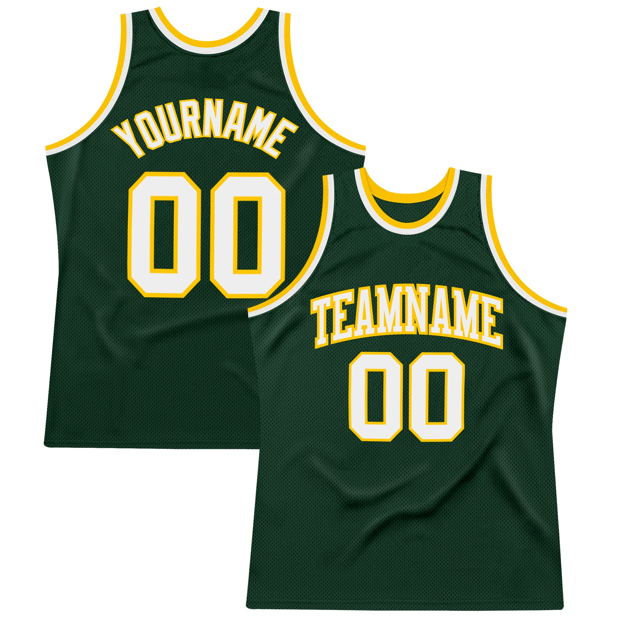 Custom Team Basketball Jersey - Personalized Authentic Throwback in Hunter Green with White-Gold Accents, Custom Name & Number