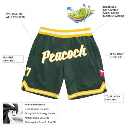 Custom Hunter Green White Gold Basketball Shorts with Name and Number - Authentic Throwback Design Personalized Hunter Green