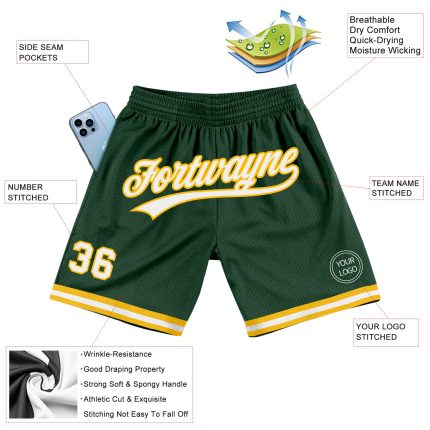 Personalized Hunter Green Gold White Basketball Shorts - Authentic Throwback Style Personalized Hunter Green White-Gold Authentic