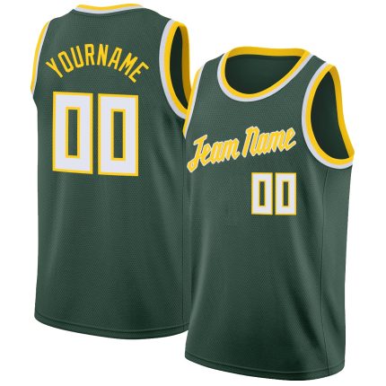 Custom Basketball Jersey with Name and Number - Personalized Hunter Green White-Gold Round Neck Rib-Knit Design Personalized