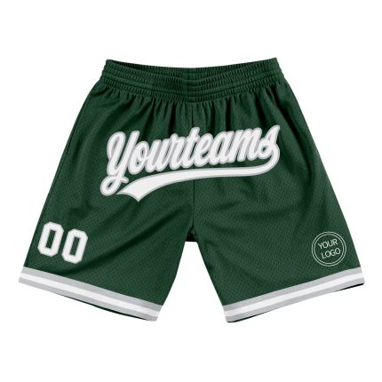 Personalized Authentic Basketball Shorts in Hunter Green White-Gray Throwback Style Personalized Hunter Green White-Gray