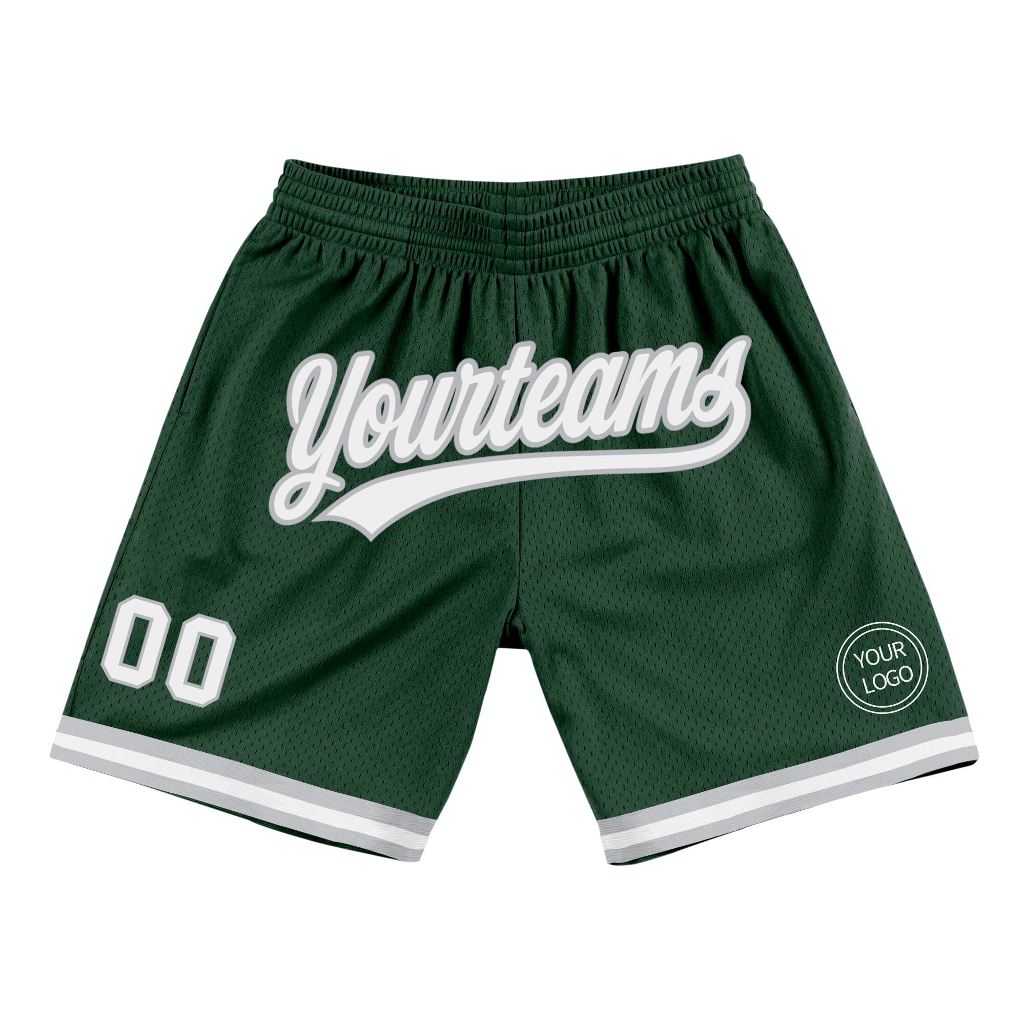 Personalized Authentic Basketball Shorts in Hunter Green White-Gray Throwback Style Personalized Hunter Green White-Gray