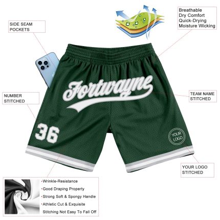 Personalized Authentic Basketball Shorts in Hunter Green White-Gray Throwback Style Personalized Hunter Green White-Gray