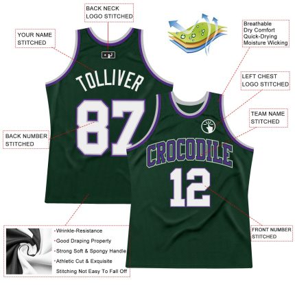 Custom Name and Number Basketball Jersey - Authentic Throwback in Hunter Green White Gray Purple Personalized Hunter Green
