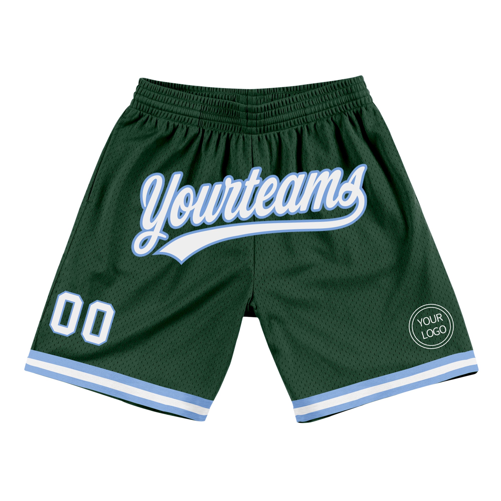 Personalized Hunter Green and Light Blue Basketball Shorts - Authentic Throwback Style Personalized Hunter Green White-Light