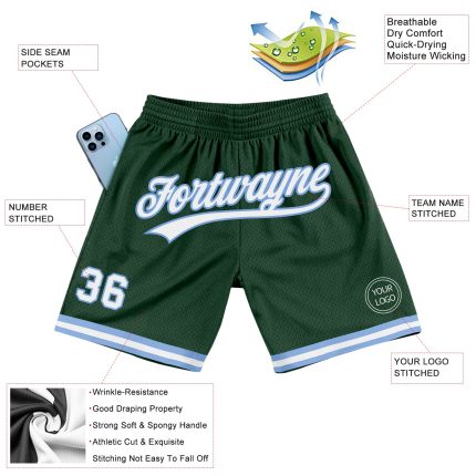 Personalized Hunter Green and Light Blue Basketball Shorts - Authentic Throwback Style Personalized Hunter Green White-Light