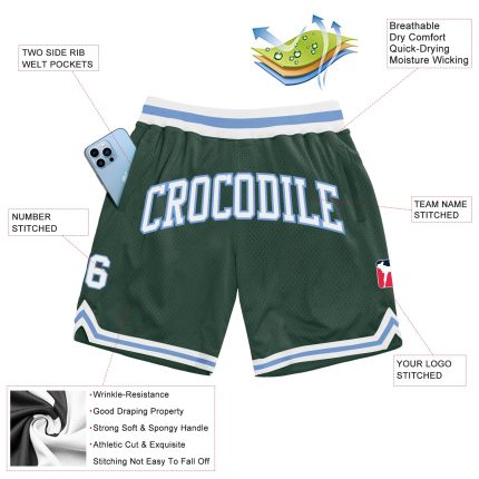 Custom Name Number Authentic Throwback Basketball Shorts in Hunter Green White Light Blue - Personalized Team Gear Personalized