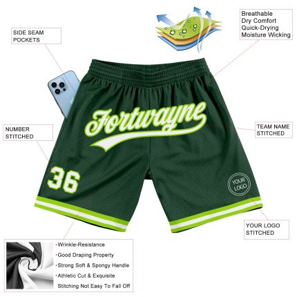 Custom Authentic Basketball Shorts with Team Name and Number - Hunter Green White-Neon Green Color Personalized Hunter Green
