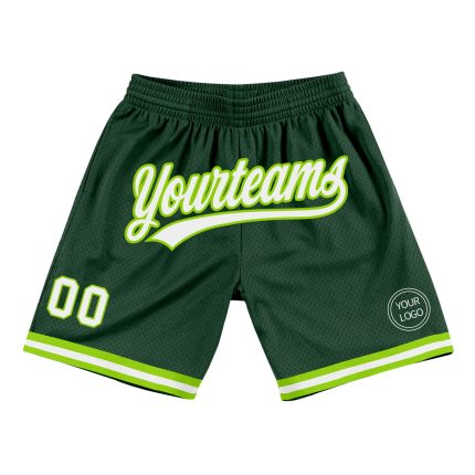 Custom Authentic Basketball Shorts with Team Name and Number - Hunter Green White-Neon Green Color Personalized Hunter Green