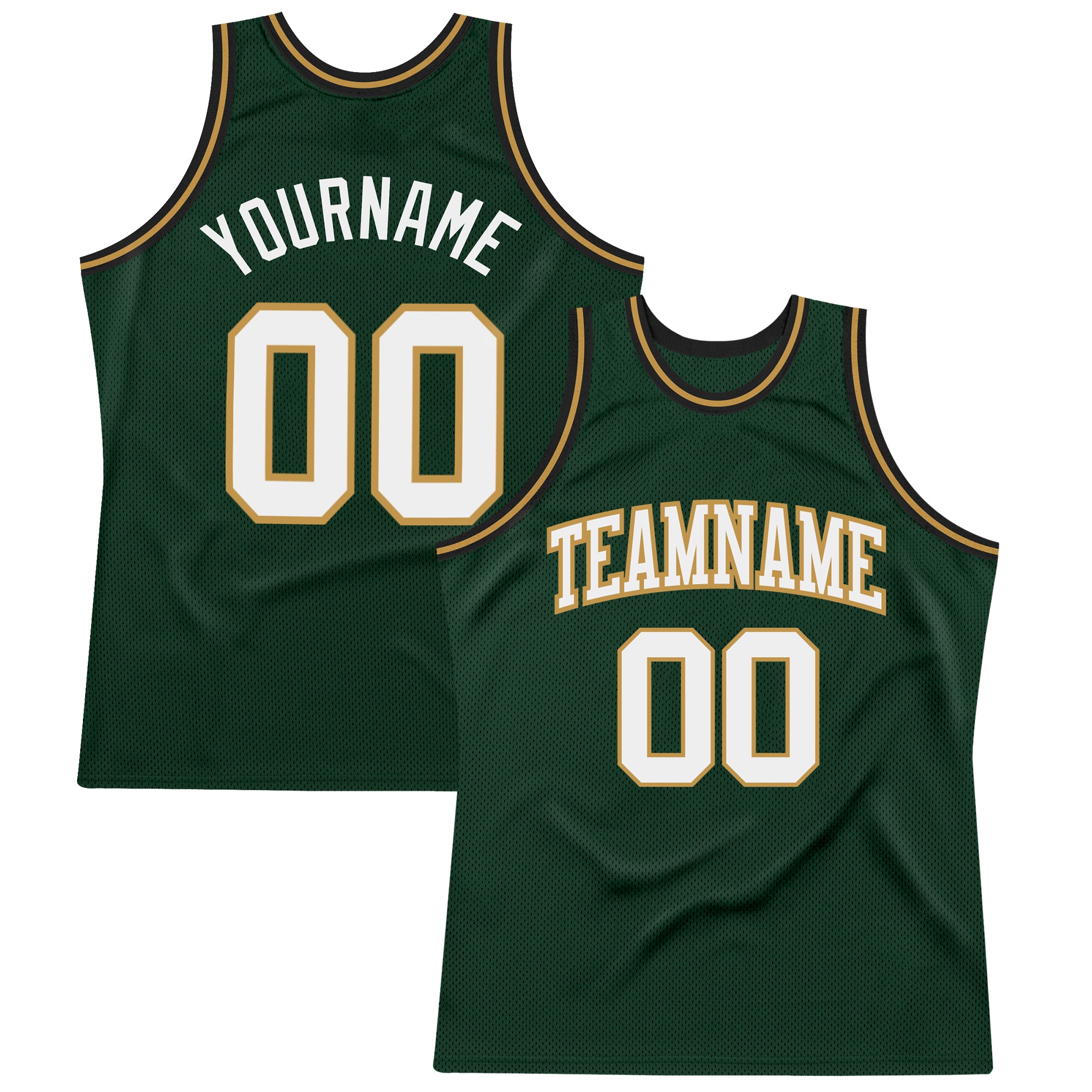 Custom Name and Number Basketball Jersey in Hunter Green, White, and Old Gold-Black - Authentic Throwback Style Personalized