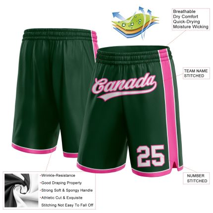 Custom Name and Number Basketball Shorts - Authentic Hunter Green White-Pink Team Shorts Personalized Hunter Green White-Pink