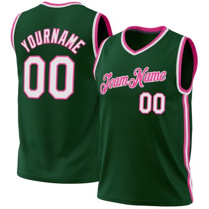 Personalized Hunter Green White Pink Basketball Jersey - Authentic Throwback Style Personalized Hunter Green White-Pink Authentic
