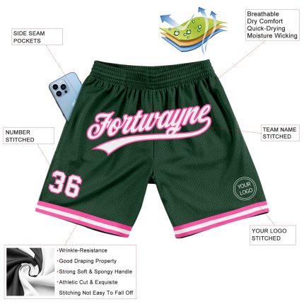 Custom Team Name Number Basketball Shorts - Personalized Authentic Throwback in Hunter Green White Pink Personalized Hunter