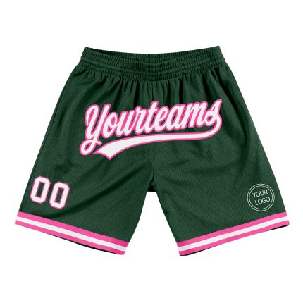 Custom Team Name Number Basketball Shorts - Personalized Authentic Throwback in Hunter Green White Pink Personalized Hunter