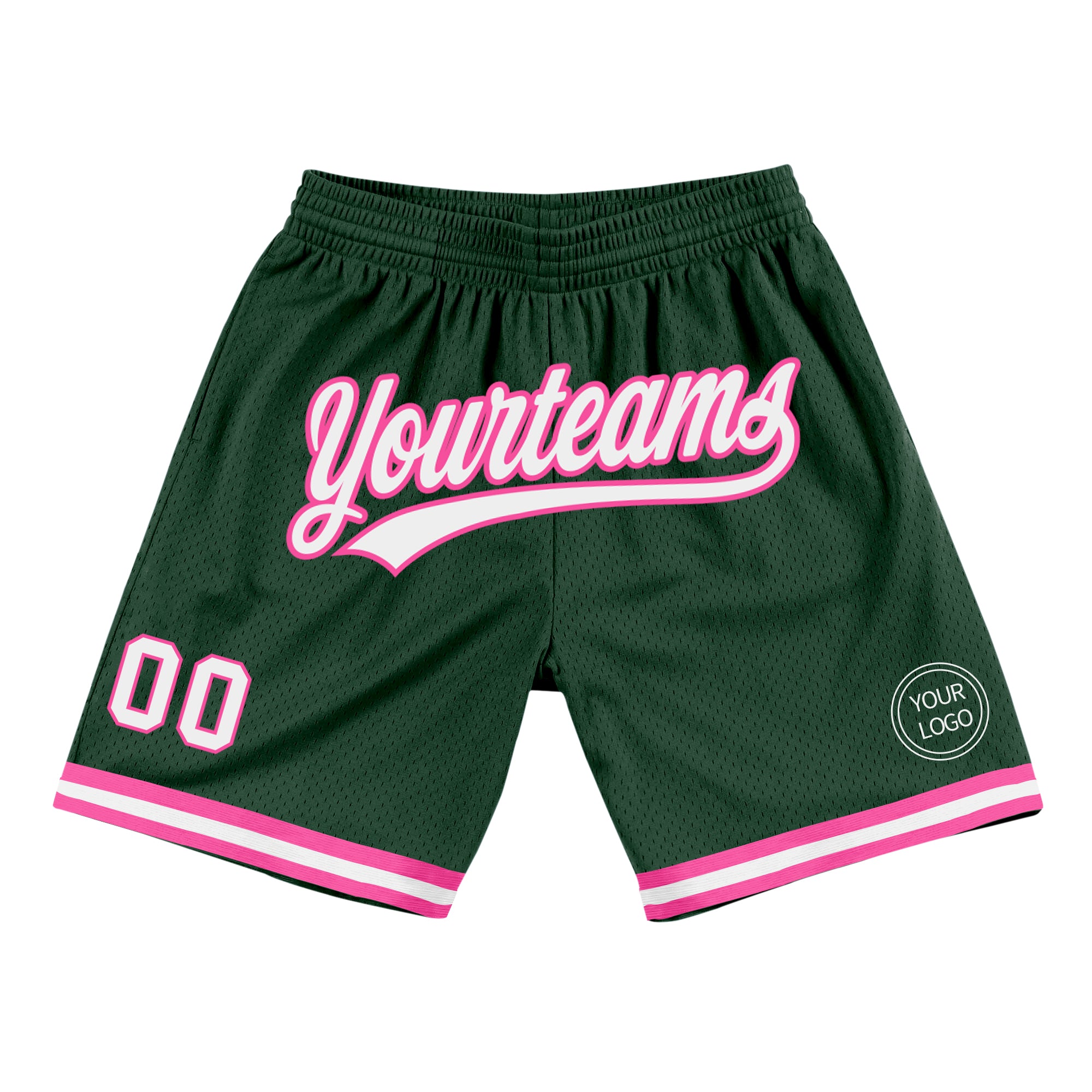 Custom Team Name Number Basketball Shorts - Personalized Authentic Throwback in Hunter Green White Pink Personalized Hunter