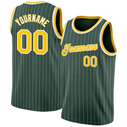 Custom Basketball Jersey with Hunter Green White Pinstripe and Gold-White, Personalized Name and Number, Authentic Design