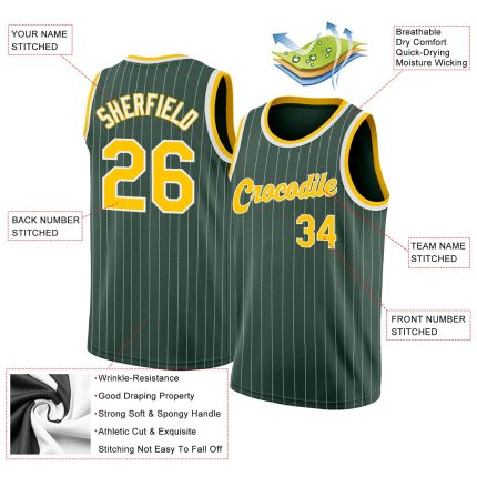 Custom Basketball Jersey with Hunter Green White Pinstripe and Gold-White, Personalized Name and Number, Authentic Design
