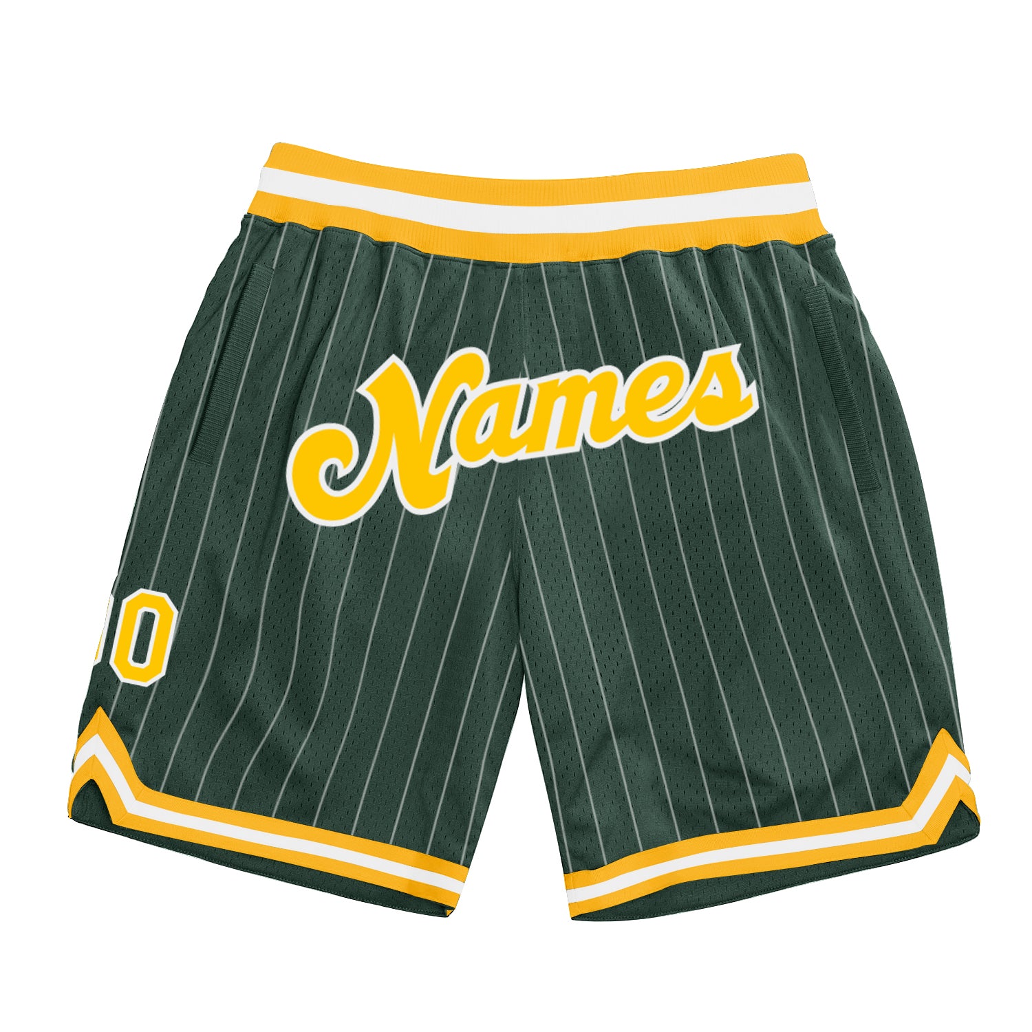 Custom Name Number Basketball Shorts Authentic Hunter Green White Pinstripe Gold-White Personalized Hunter Green White Pinstripe