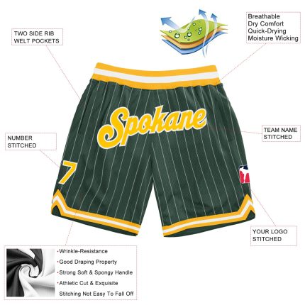 Custom Name Number Basketball Shorts Authentic Hunter Green White Pinstripe Gold-White Personalized Hunter Green White Pinstripe