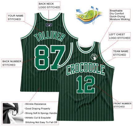 Custom Hunter Green White Pinstripe Basketball Jersey with Name & Number - Authentic Team Apparel Personalized Hunter Green