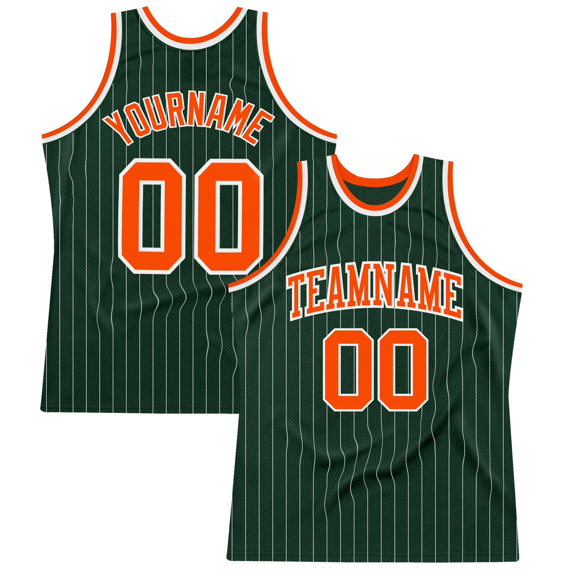 Custom Name and Number Authentic Basketball Jersey - Hunter Green, White Pinstripe, Orange Team Colors Personalized Hunter