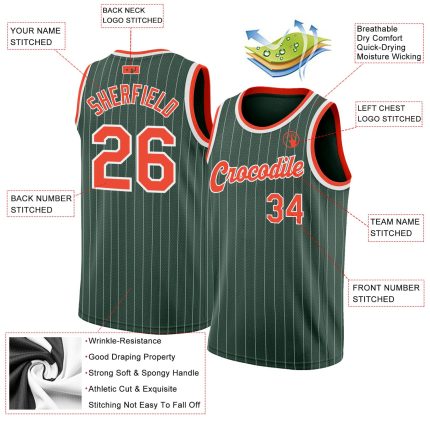 Custom Basketball Jersey with Personalized Name and Number, Hunter Green White Pinstripe with Orange-White - Authentic Team Gear