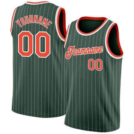 Custom Basketball Jersey with Personalized Name and Number, Hunter Green White Pinstripe with Orange-White - Authentic Team Gear