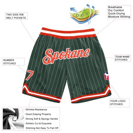 Custom Hunter Green White Pinstripe Basketball Shorts with Name and Number - Authentic Team Gear Personalized Hunter Green