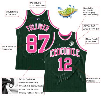 Custom Name and Number Authentic Basketball Jersey - Personalized Hunter Green and White Pinstripe Design Personalized Hunter