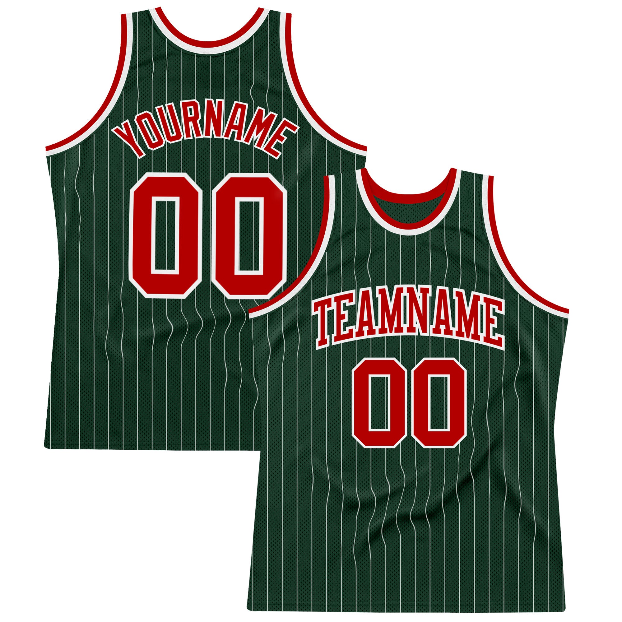 Custom Name and Number Authentic Basketball Jersey - Personalized Hunter Green White Pinstripe Red Design Personalized Hunter