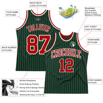 Custom Name and Number Authentic Basketball Jersey - Personalized Hunter Green White Pinstripe Red Design Personalized Hunter