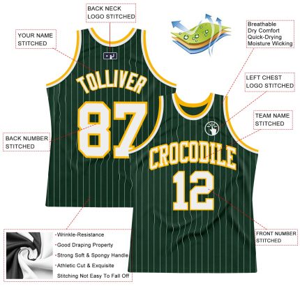 Custom Team Basketball Jersey - Personalized Hunter Green White-Gold Pinstripe with Name and Number Personalized Hunter Green