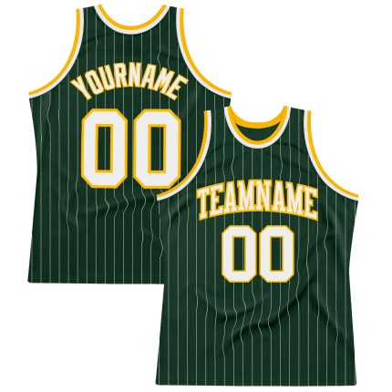 Custom Team Basketball Jersey - Personalized Hunter Green White-Gold Pinstripe with Name and Number Personalized Hunter Green