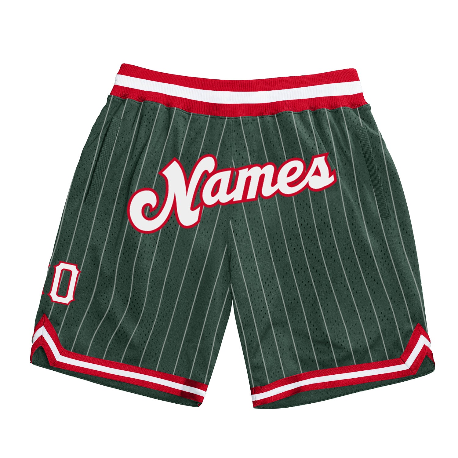 Custom Name and Number Basketball Shorts - Authentic Hunter Green White Pinstripe Red Team Shorts Personalized Hunter Green