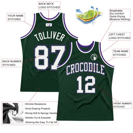 Personalized Hunter Green Basketball Jersey - White-Purple Authentic Throwback Style Personalized Hunter Green White-Purple